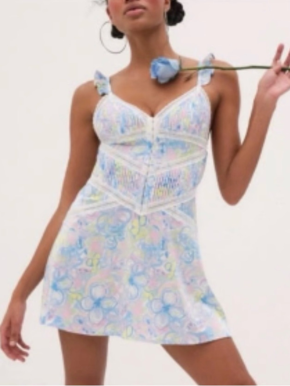 For Love And Lemons Pastel Floral Lace-Trim Slip Dress NWT